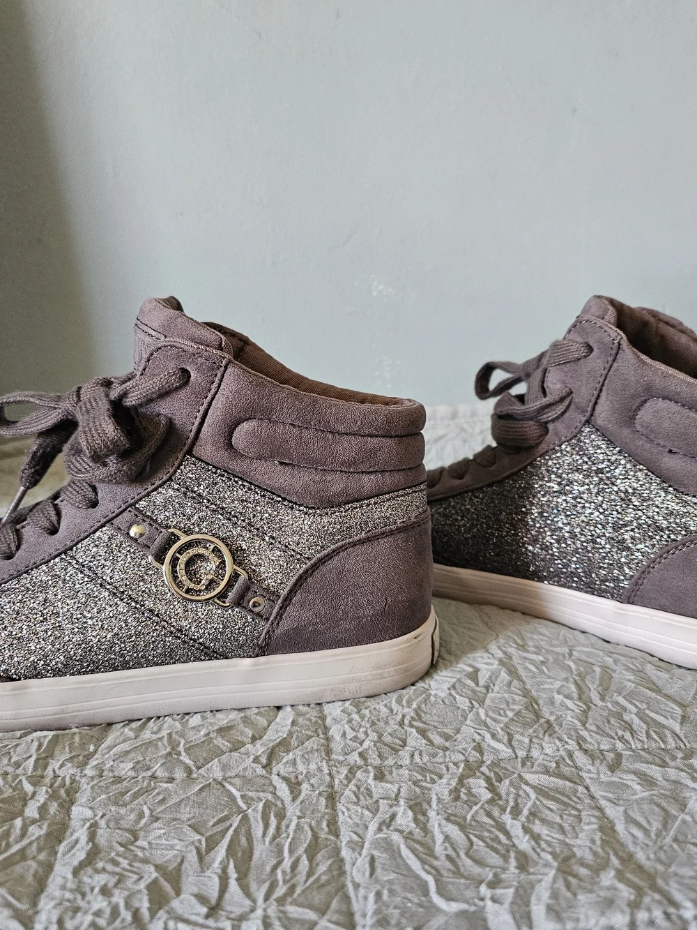 GUESS Taupe Glitter-Panel High-Top Women's Sneakers